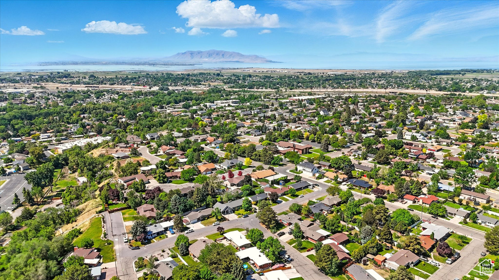 Aerial view of a water and mountain view