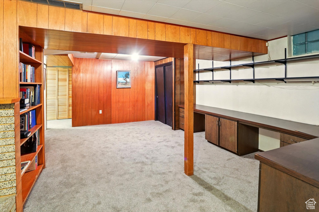 Finished below grade area featuring carpet and wooden walls