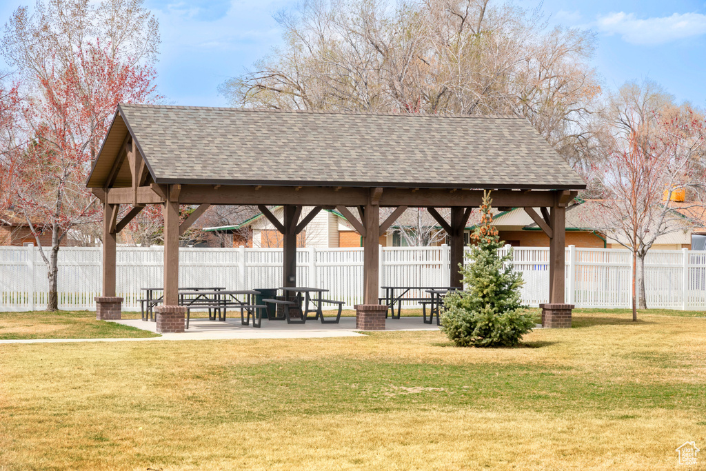 View of community featuring a patio and a gazebo