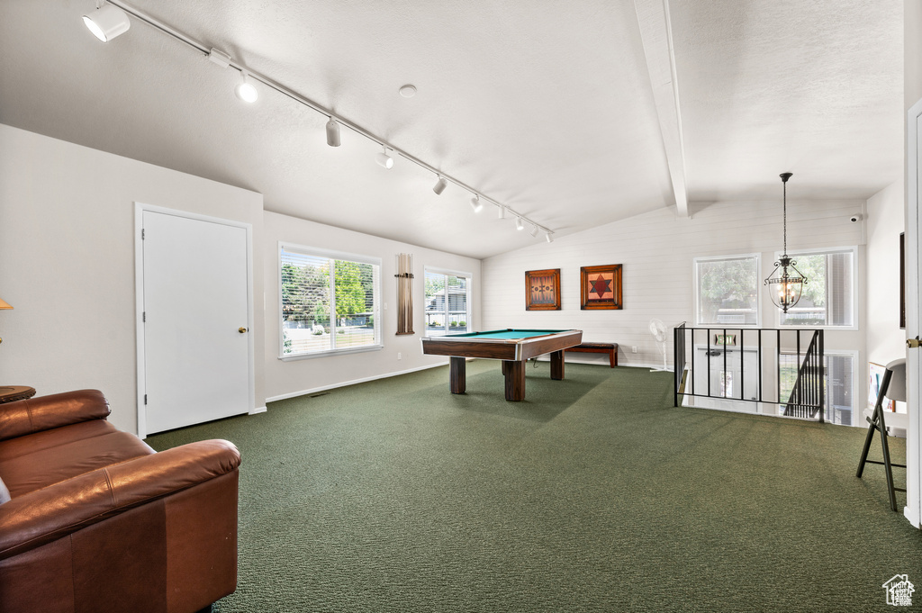 Playroom featuring dark carpet, billiards table, and rail lighting