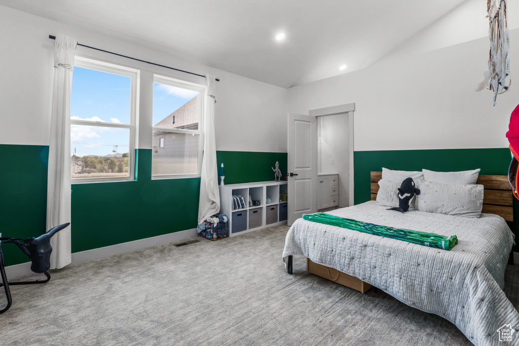 Bedroom with carpet floors, recessed lighting, and baseboards