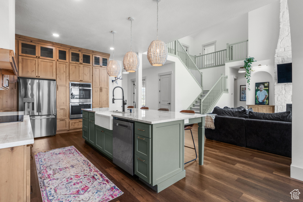 Kitchen featuring appliances with stainless steel finishes, green cabinetry, dark wood-style floors, a sink, and glass insert cabinets