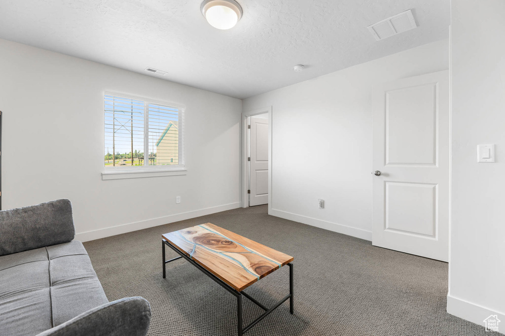 Carpeted living room with baseboards and a textured ceiling