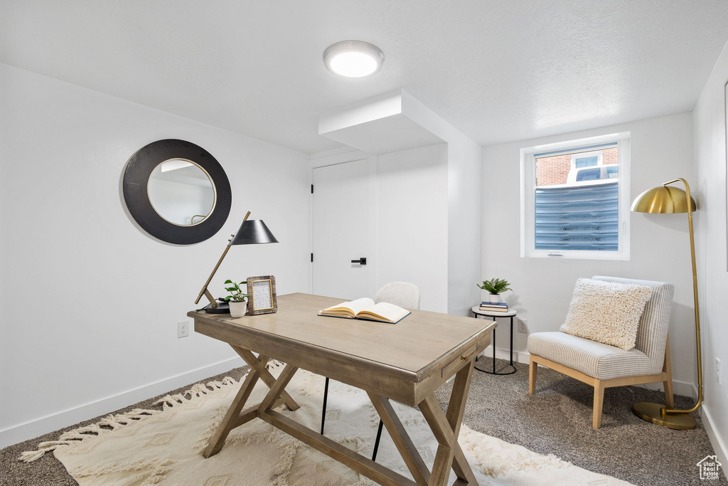 Office with baseboards and light carpet