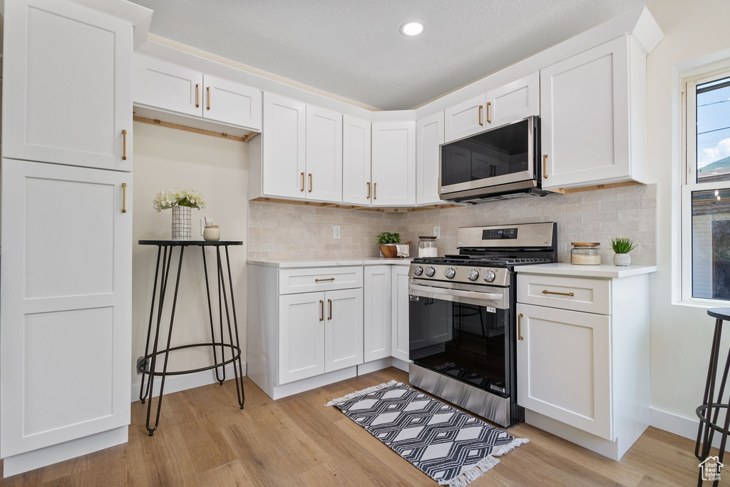 Kitchen featuring stainless steel appliances, light countertops, light wood-style flooring, tasteful backsplash, and recessed lighting