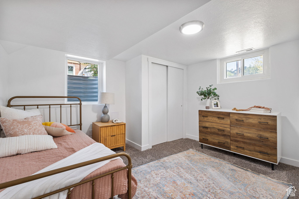 Bedroom featuring carpet, a closet, multiple windows, and a textured ceiling
