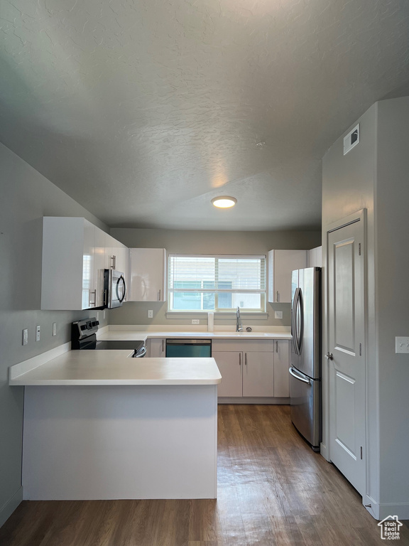 Kitchen with appliances with stainless steel finishes, a sink, dark wood-style floors, a peninsula, and light countertops