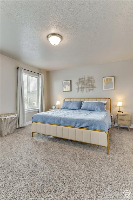 Bedroom featuring a textured ceiling, carpet flooring, and baseboards