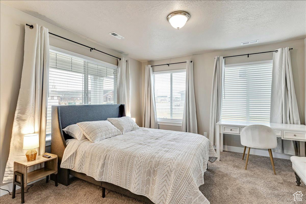Bedroom with carpet floors, a textured ceiling, and baseboards