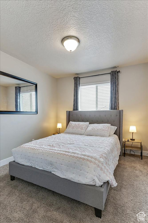 Bedroom featuring carpet, baseboards, and a textured ceiling