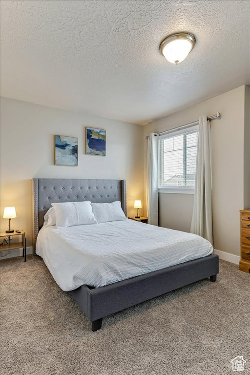 Bedroom with carpet flooring, a textured ceiling, and baseboards