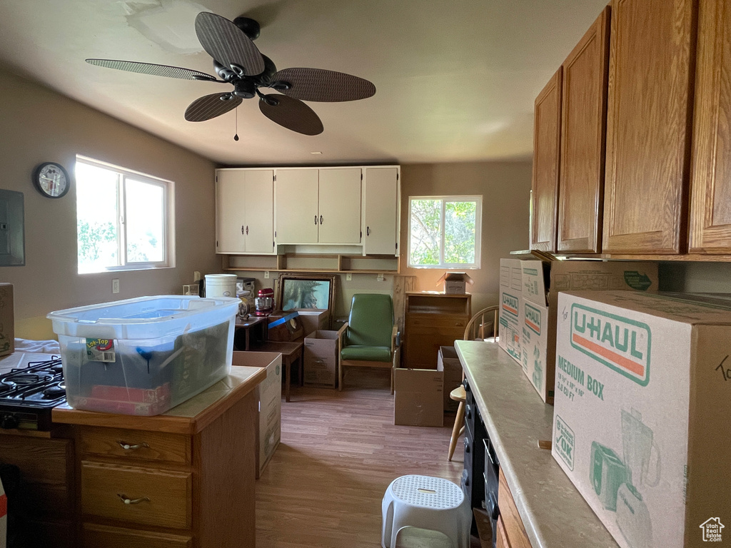 Kitchen featuring light wood-type flooring, a ceiling fan, white cabinets, electric panel, and light countertops