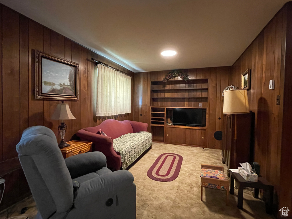 Living room with wooden walls, light colored carpet, and built in features