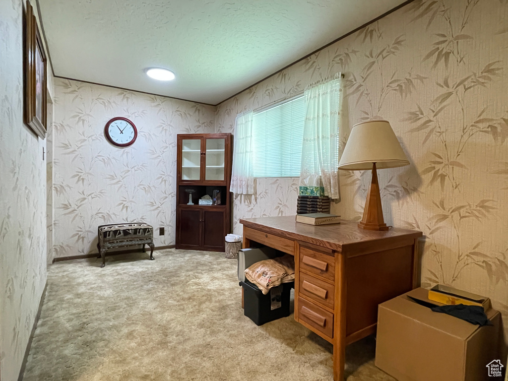 Office featuring wallpapered walls, light colored carpet, and a textured ceiling