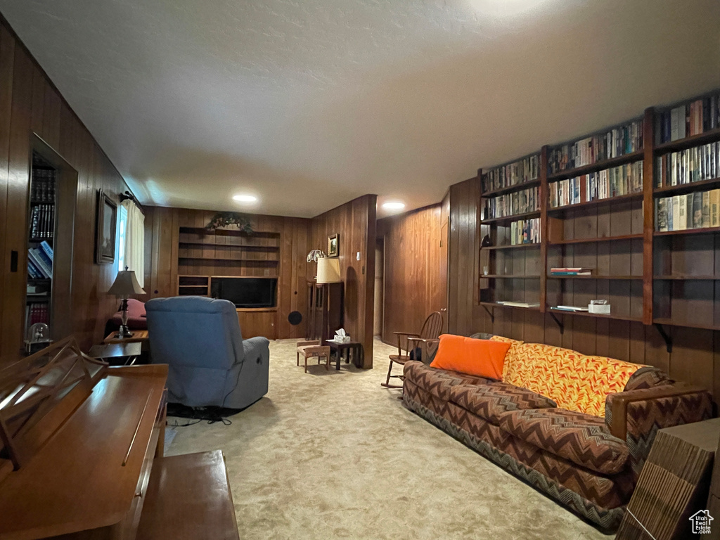 Living area with wooden walls and carpet flooring