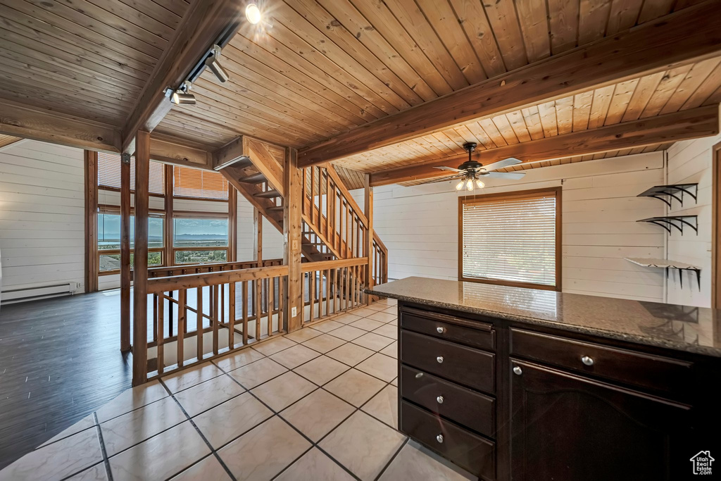 Kitchen with wood walls, wooden ceiling with exposed beams, a ceiling fan, rail lighting, and healthy amount of natural light