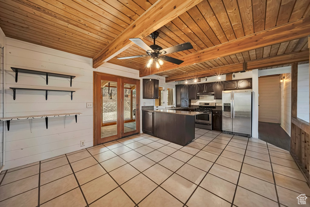 Kitchen with appliances with stainless steel finishes, wood ceiling with exposed beams, a peninsula, wood walls, and dark brown cabinets