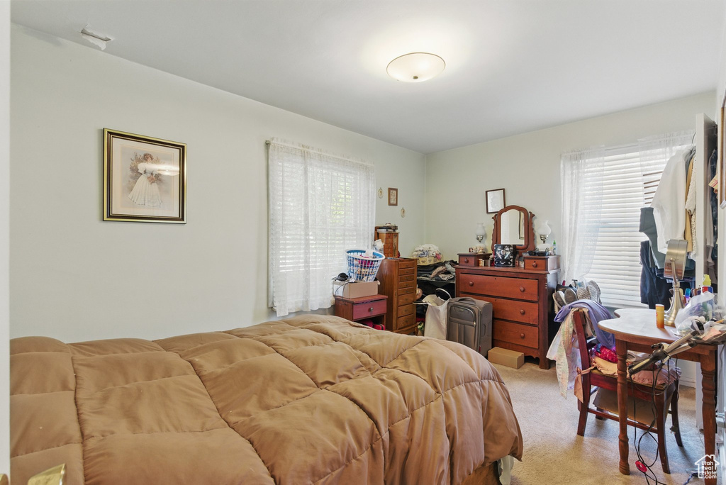 Bedroom with light colored carpet