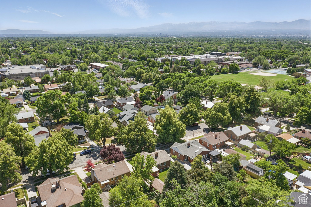 Aerial perspective of suburban area with mountains
