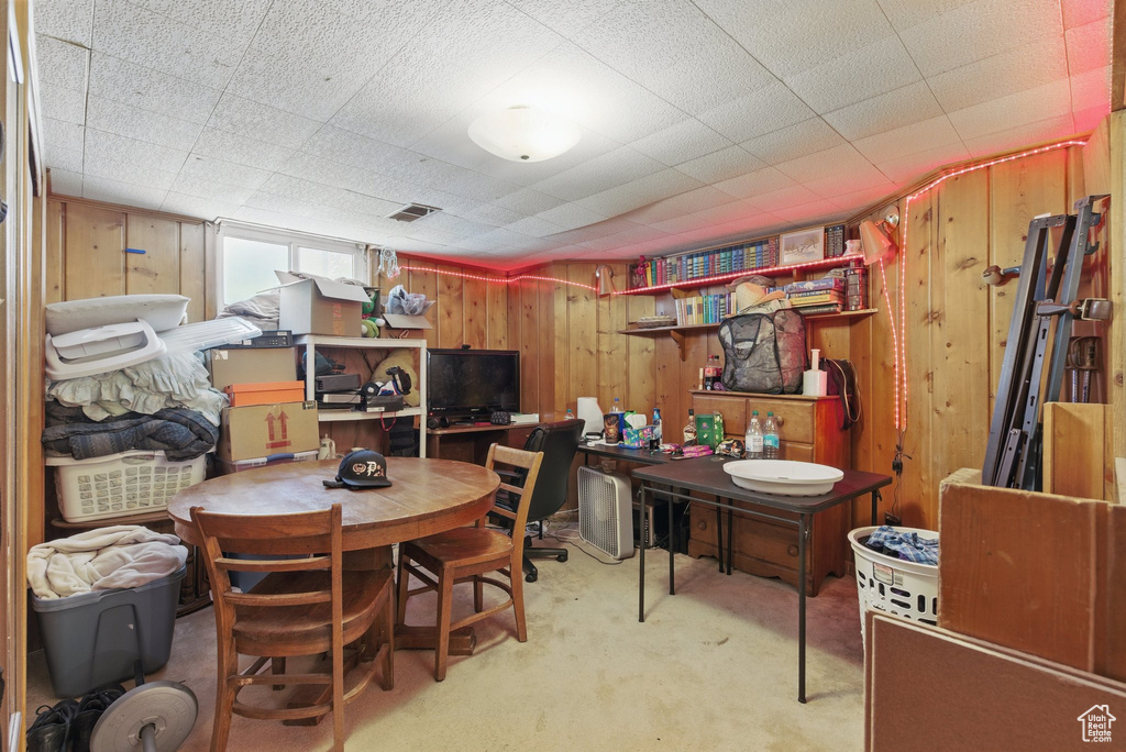 Basement featuring wood walls and carpet floors