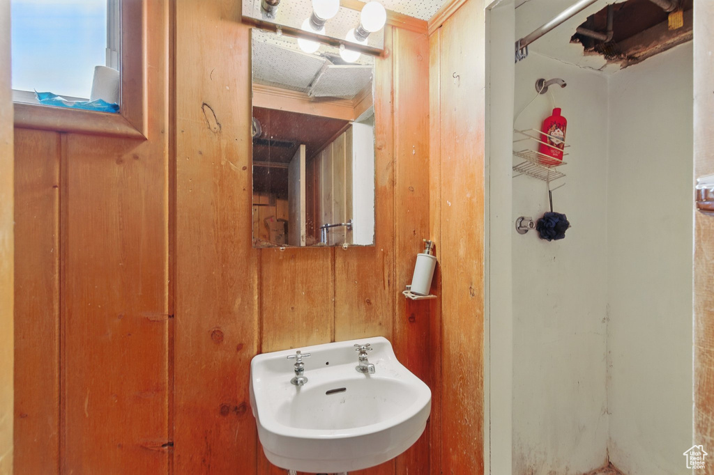 Bathroom with a sink and wood walls