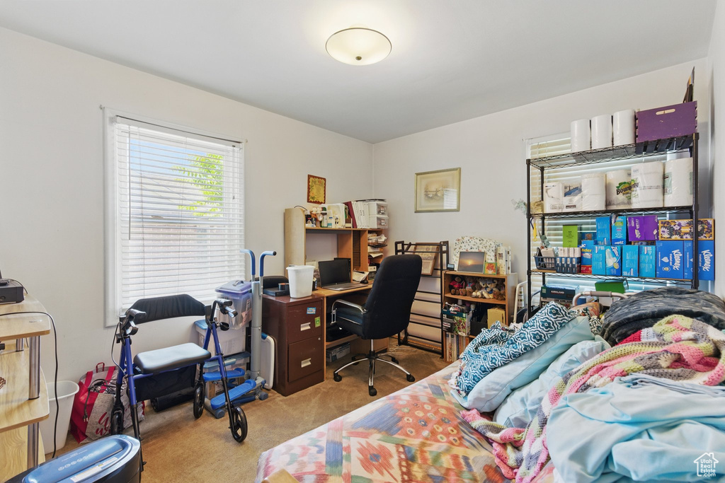 Bedroom with carpet floors and a desk