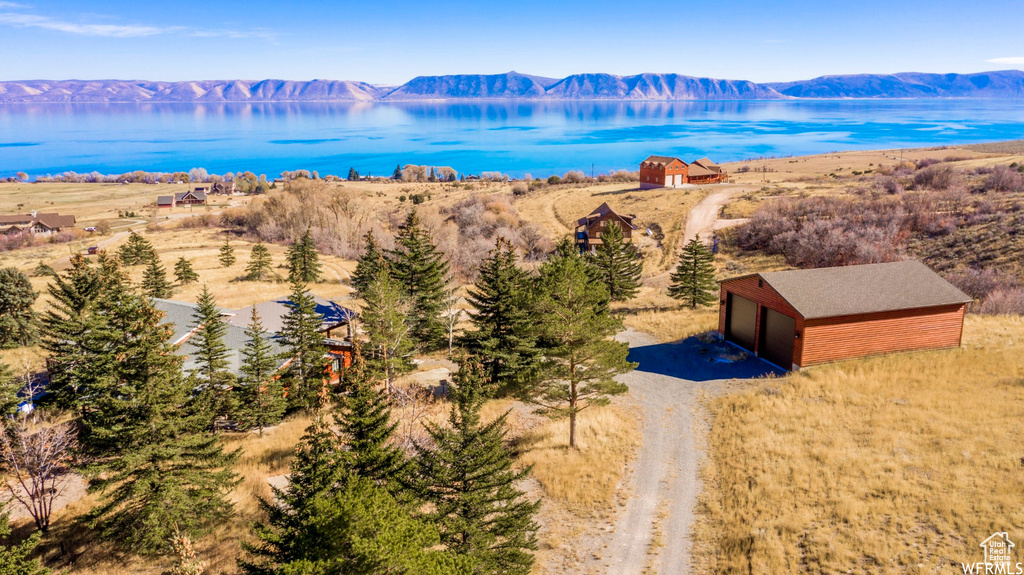 Aerial view of a water and mountain view