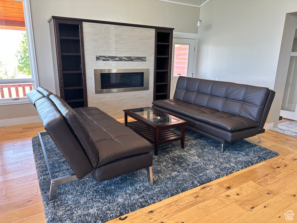 Living room with wood finished floors, baseboards, a fireplace, and crown molding