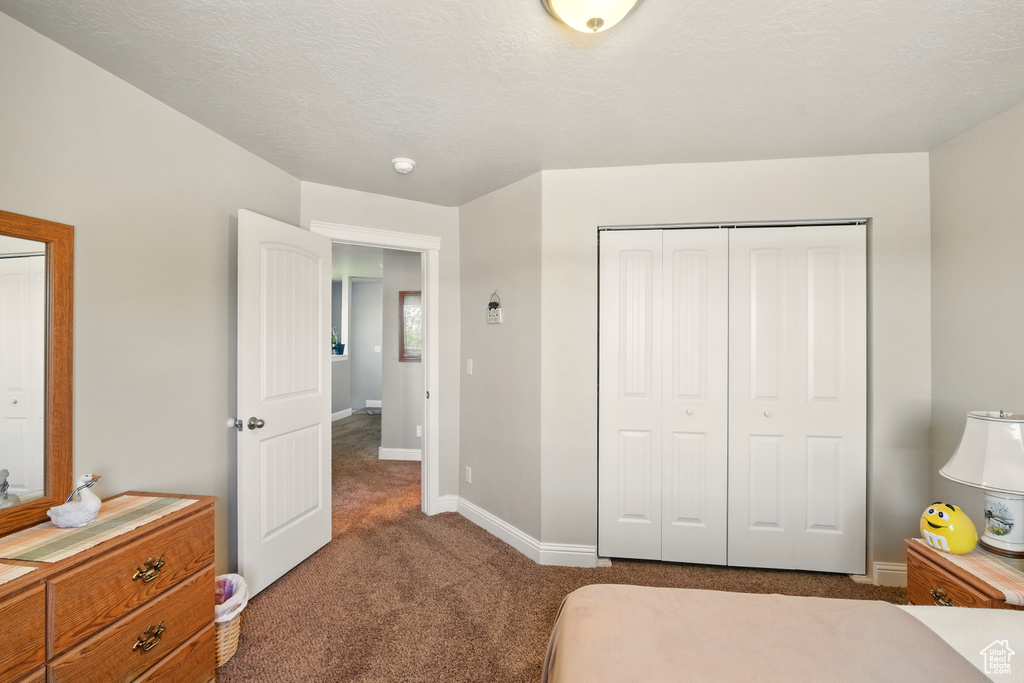 Carpeted bedroom with baseboards and a closet