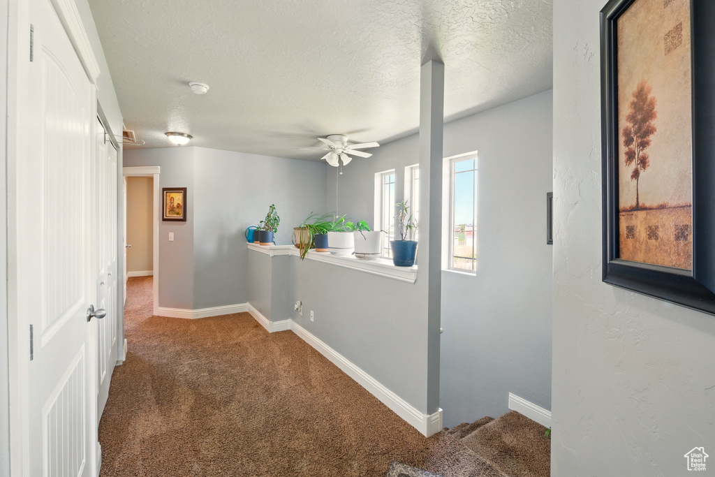 Hallway featuring carpet floors, a textured ceiling, and baseboards