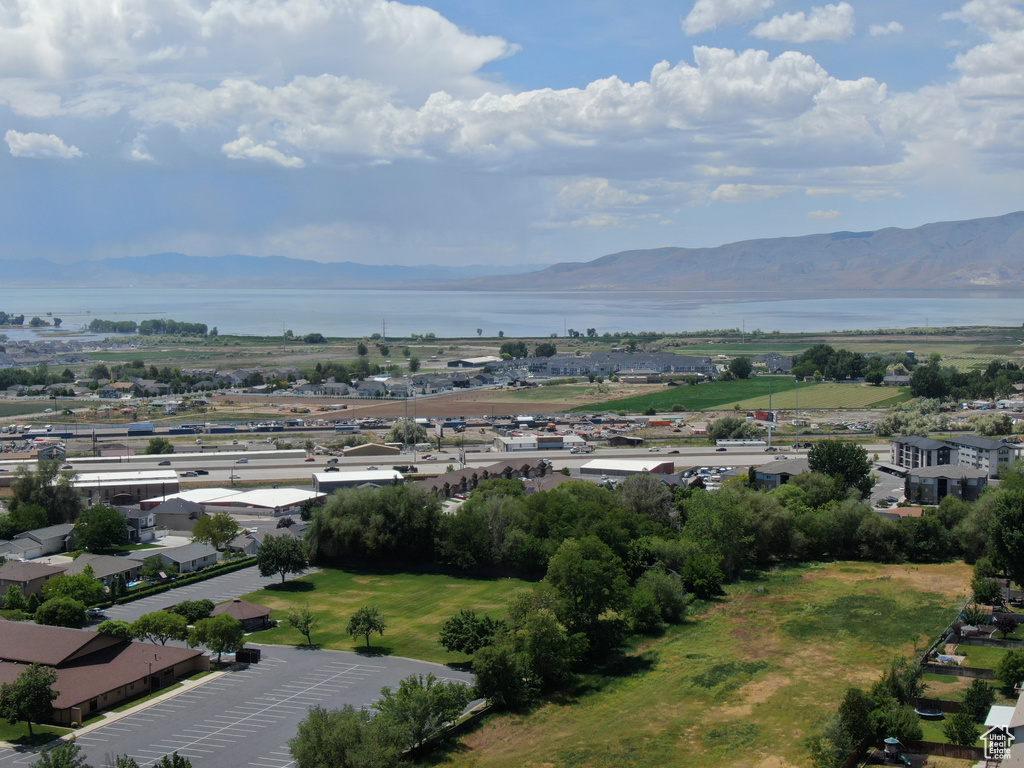 Aerial view of a water and mountain view