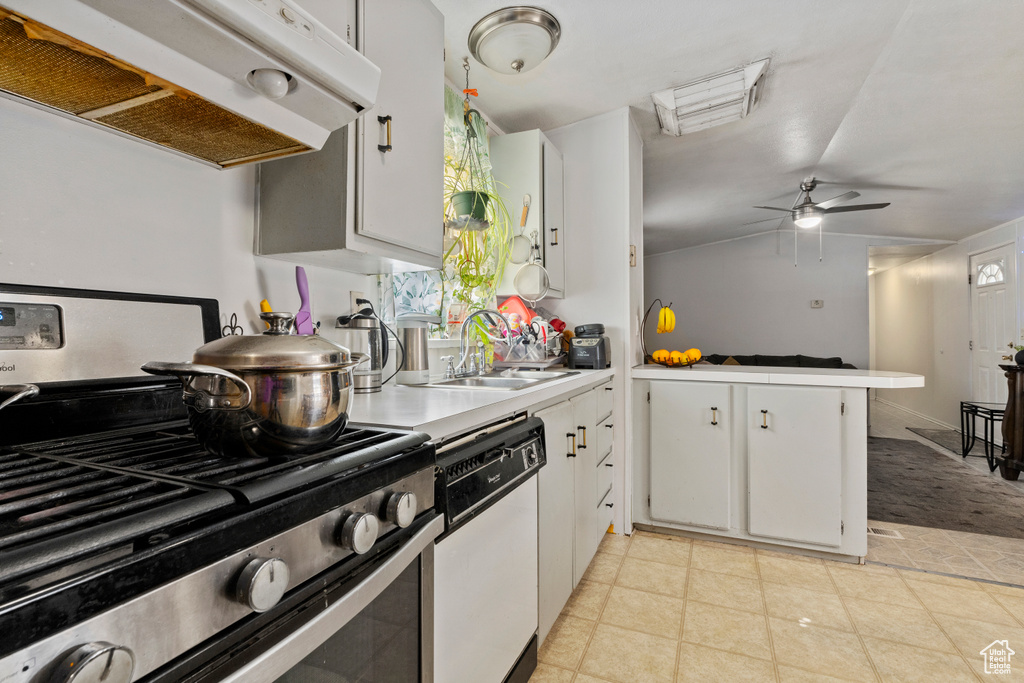 Kitchen featuring stainless steel range with gas stovetop, custom exhaust hood, dishwasher, a sink, and ceiling fan
