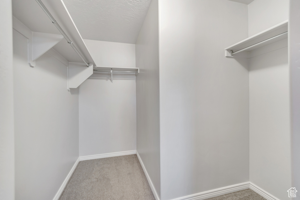 Walk in closet featuring light carpet