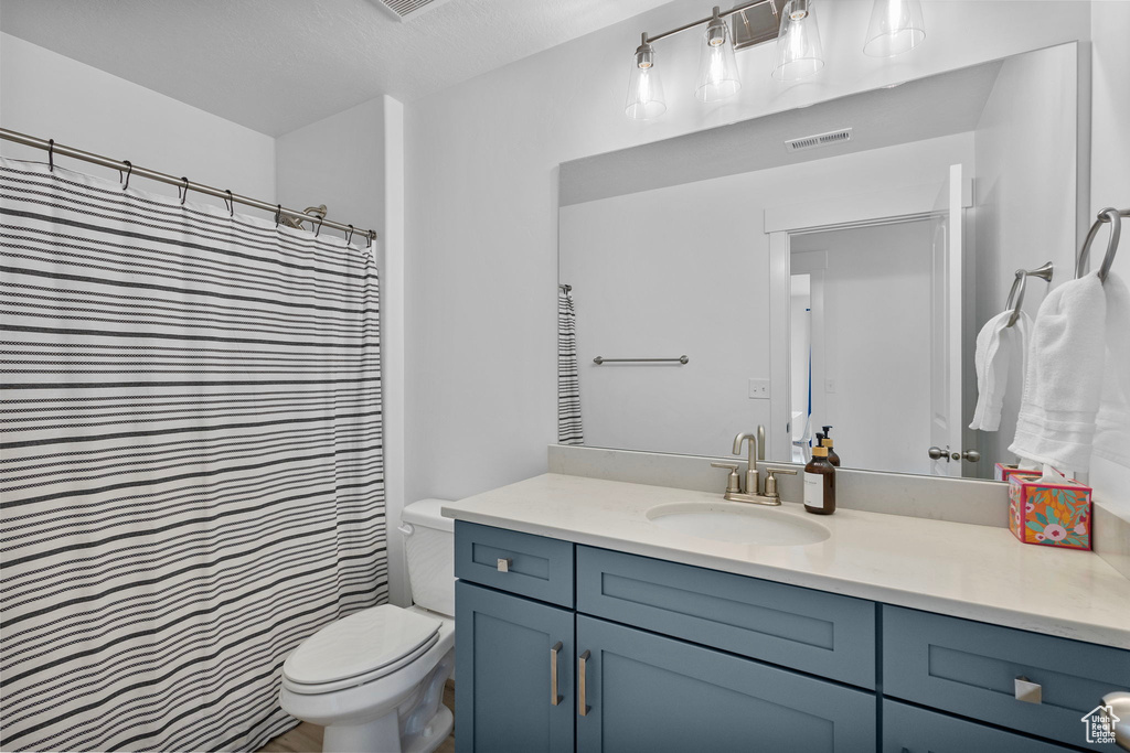 Bathroom with vanity, toilet, and a shower with shower curtain