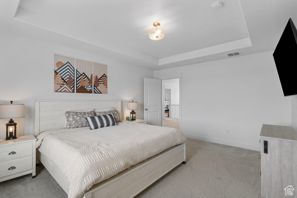 Bedroom featuring light carpet, a tray ceiling, and baseboards