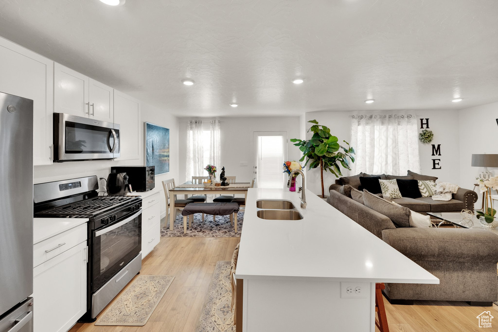Kitchen with stainless steel appliances, open floor plan, a sink, light countertops, and plenty of natural light