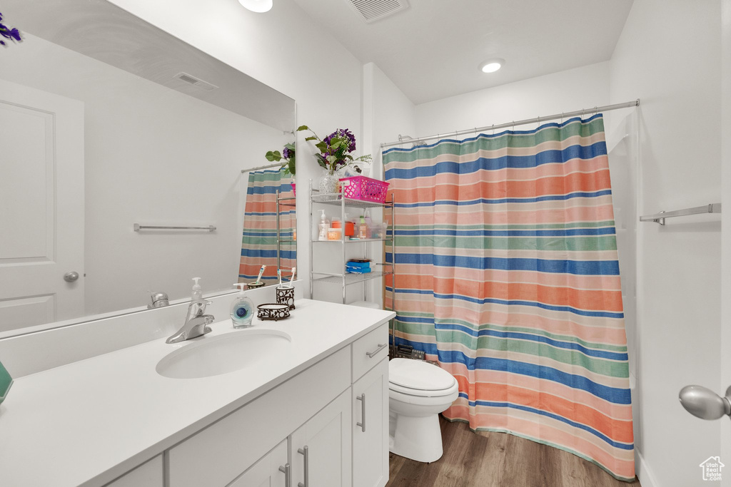 Bathroom featuring vanity, wood finished floors, toilet, and a shower with curtain