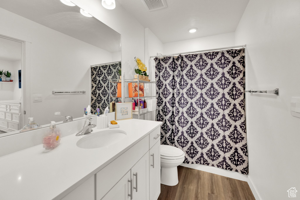 Full bath featuring vanity, wood finished floors, toilet, and a shower with shower curtain