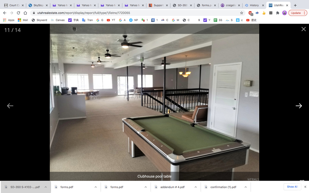 Playroom with carpet flooring, ceiling fan, baseboards, and billiards