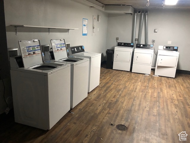 Shared laundry room featuring washer and dryer and dark wood-type flooring