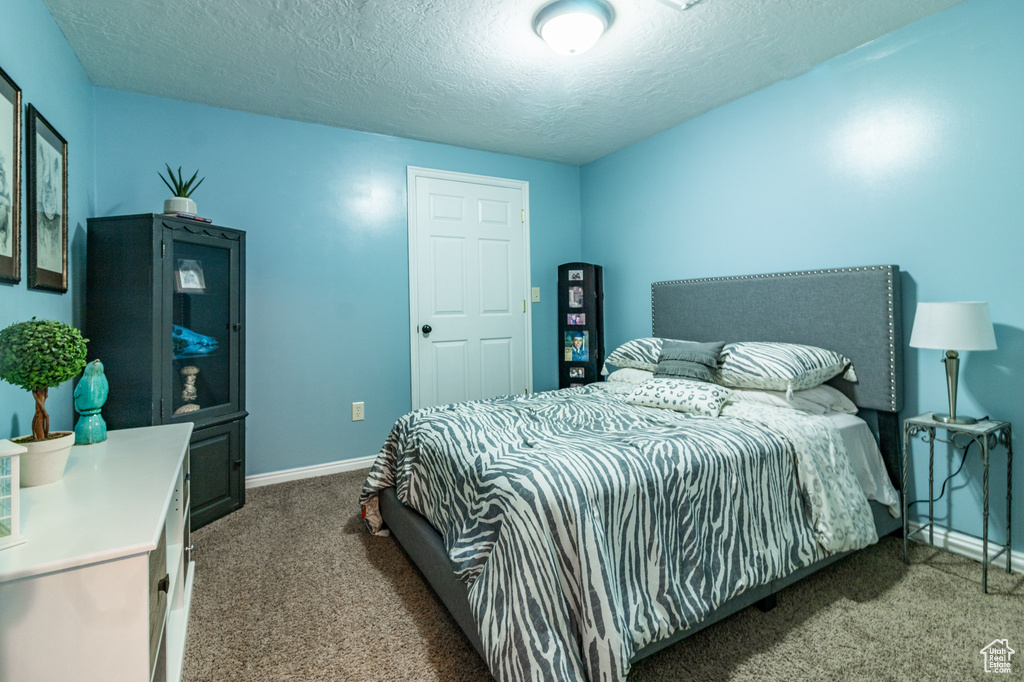 Bedroom with carpet flooring, baseboards, and a textured ceiling