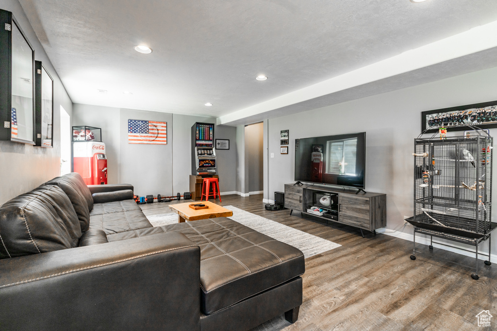 Living room featuring wood finished floors, baseboards, and recessed lighting