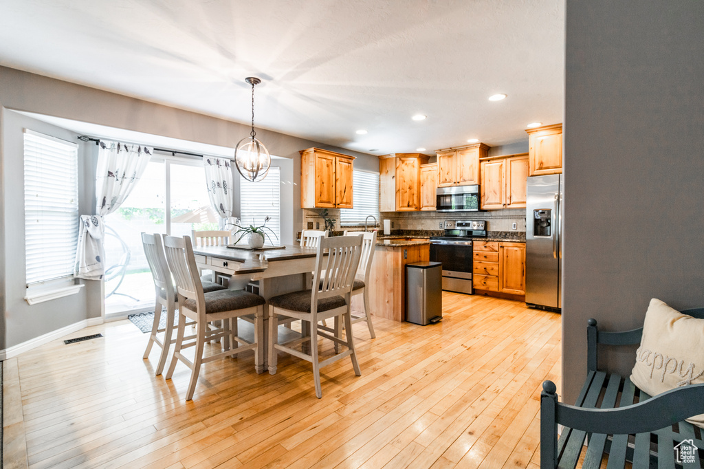 Kitchen with stainless steel appliances, plenty of natural light, light wood-type flooring, and recessed lighting