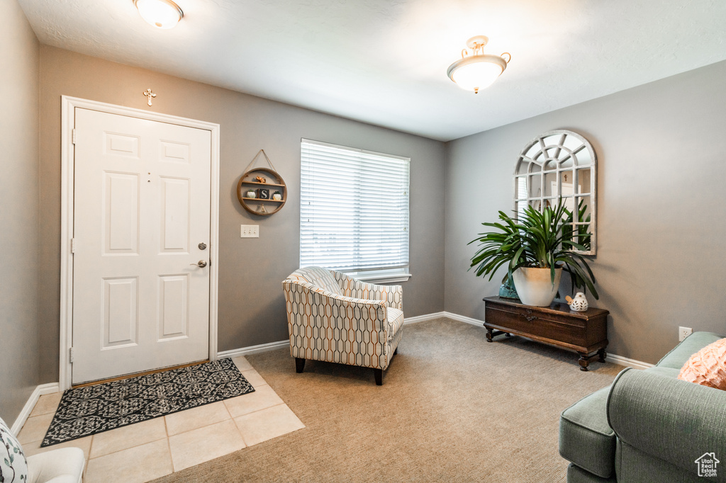 Entrance foyer with baseboards and light colored carpet