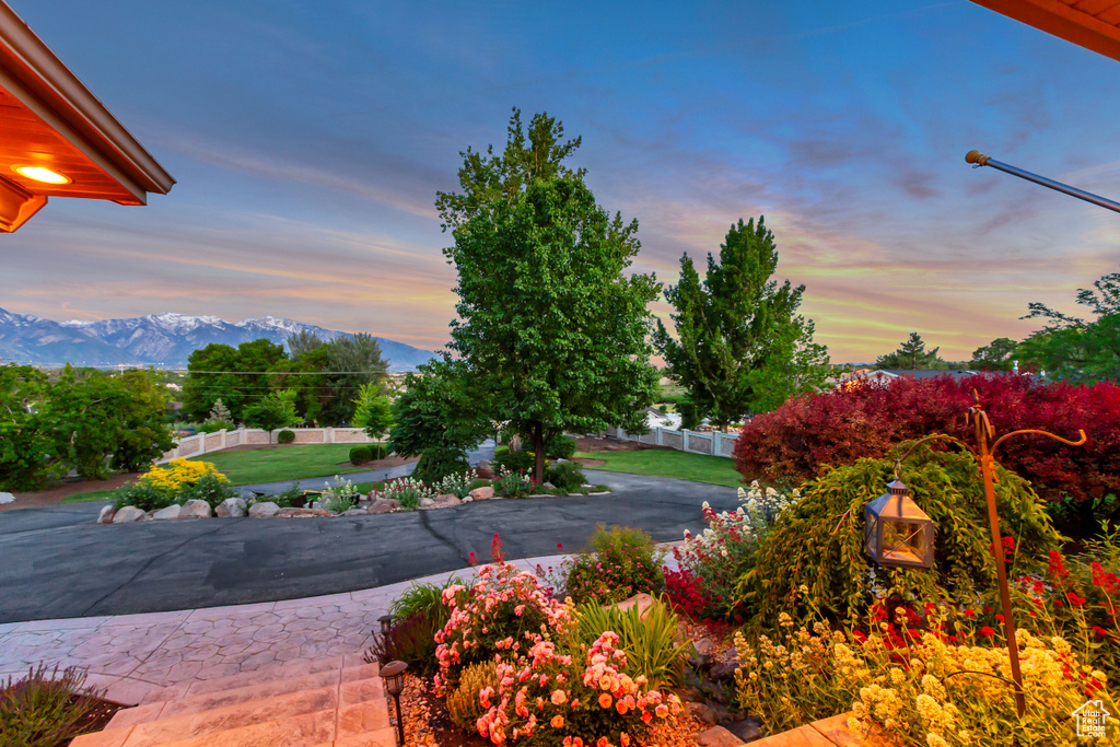 Yard at dusk featuring a mountain view