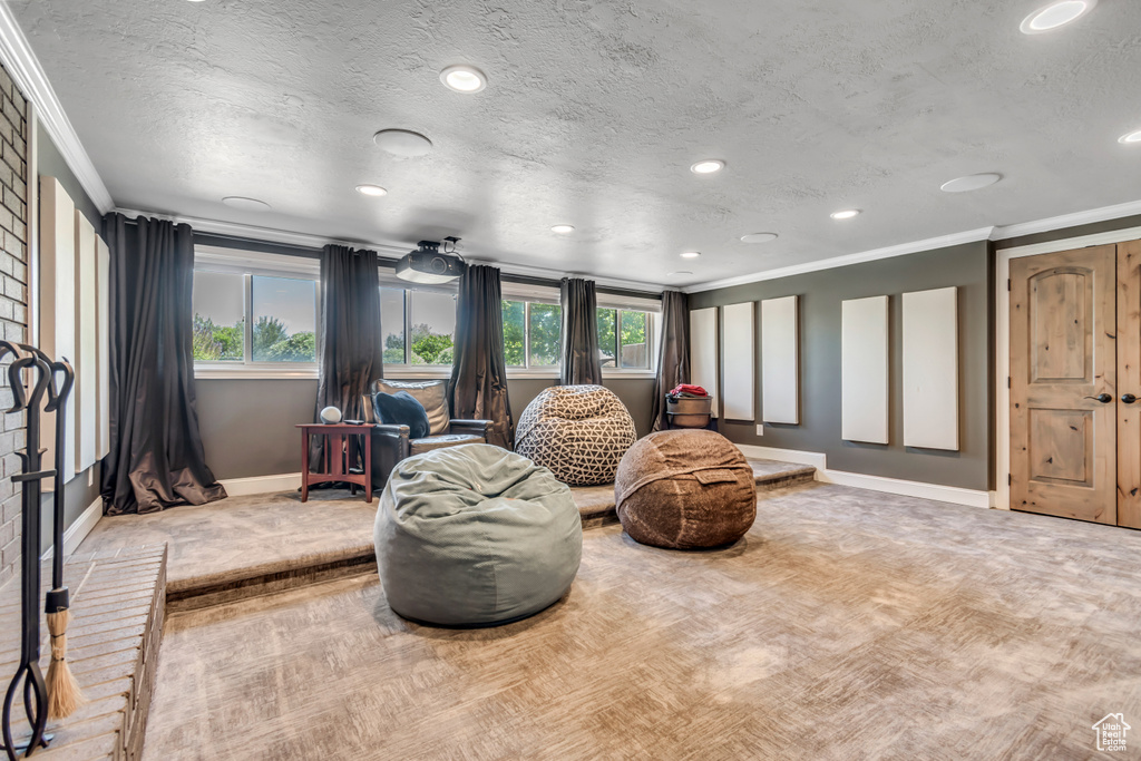 Living area featuring crown molding, baseboards, recessed lighting, a textured ceiling, and carpet flooring