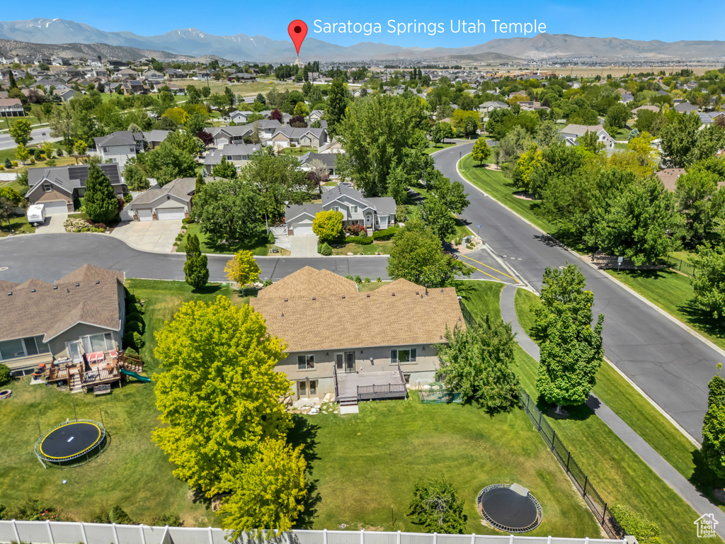 Aerial view of residential area with mountains