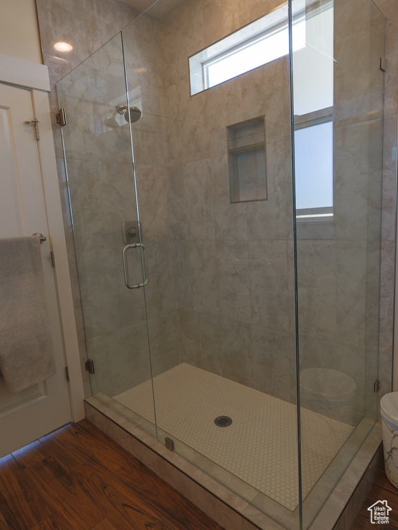 Bathroom with wood finished floors and a shower stall
