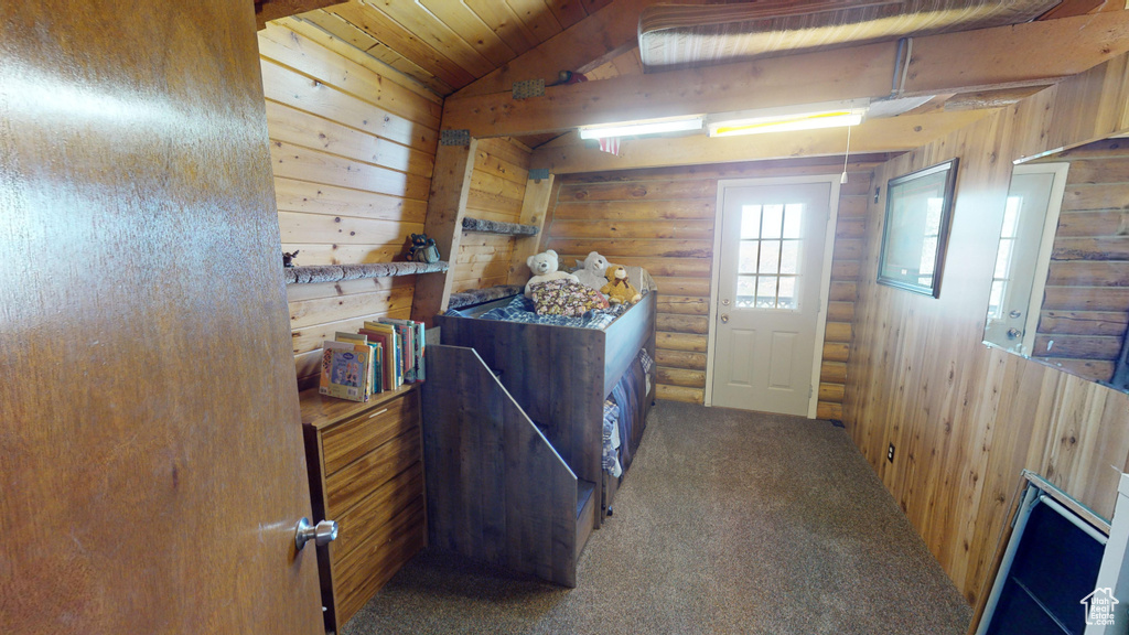 Laundry room with rustic walls, carpet floors, and wooden walls