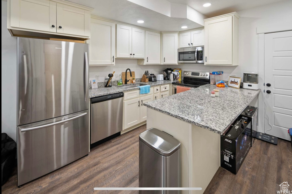 Kitchen with stainless steel appliances, a sink, a peninsula, dark wood finished floors, and recessed lighting